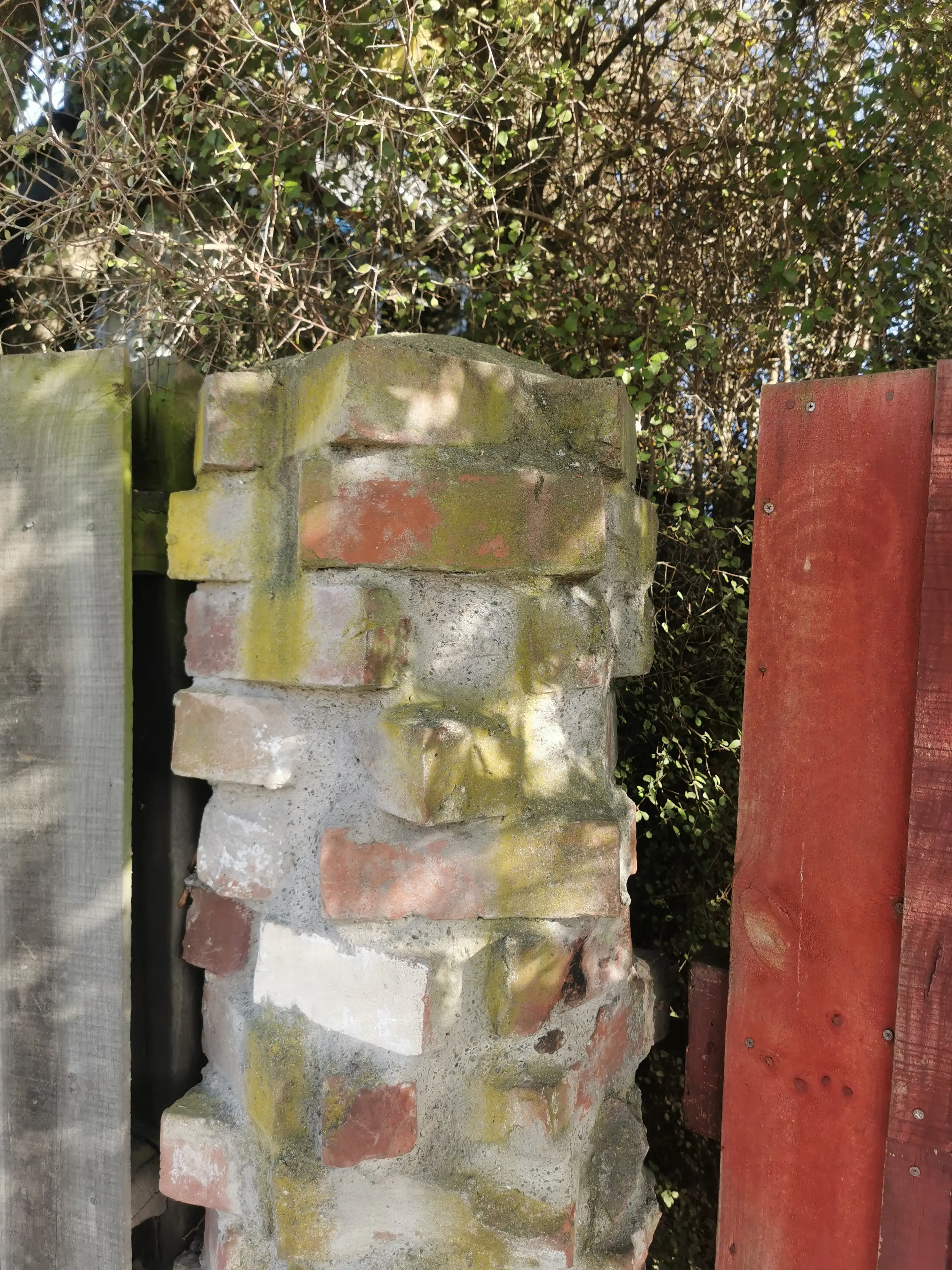 Lichen removal — brick gate pillar, before professional exterior cleaning