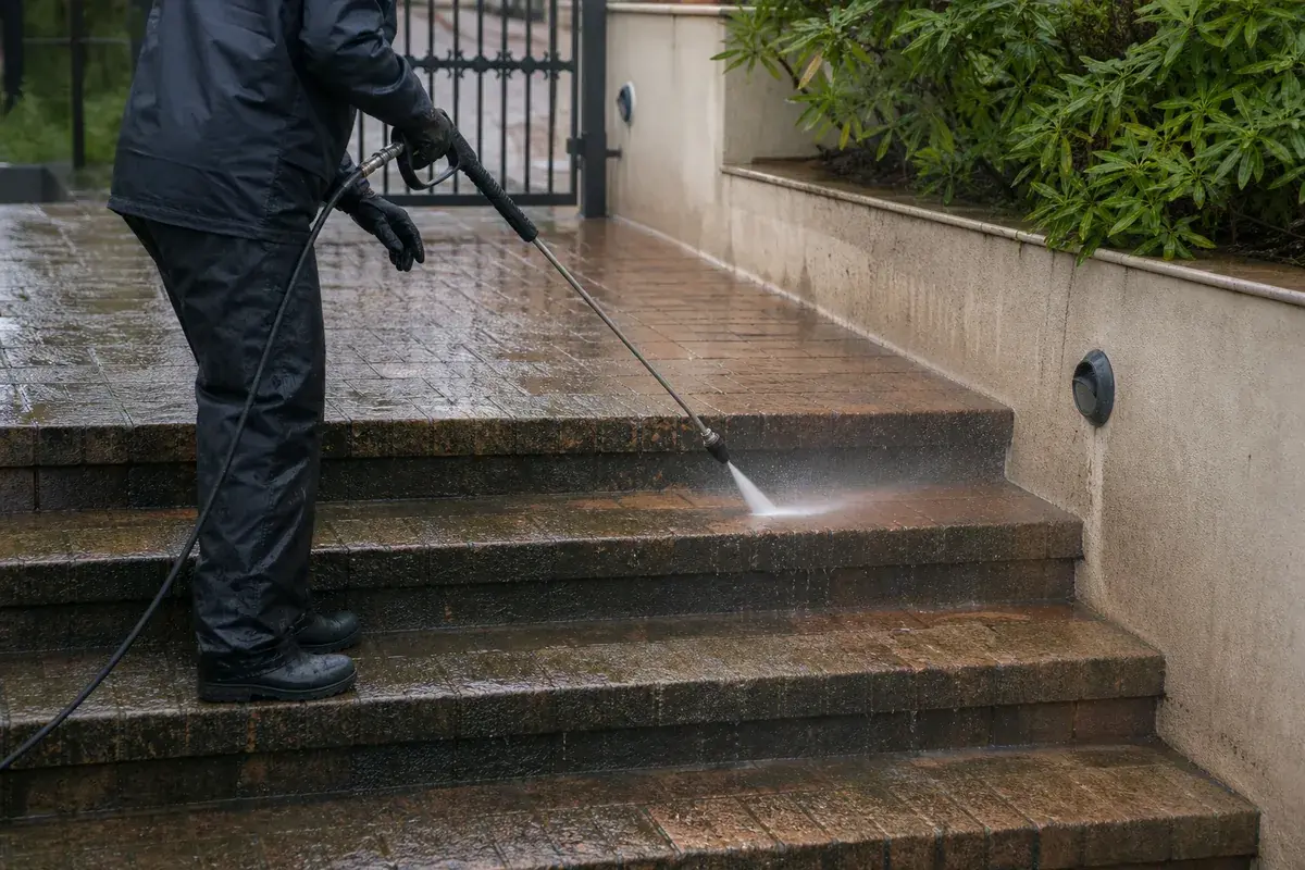 Controlled pressure washing on durable brick steps in Canterbury
